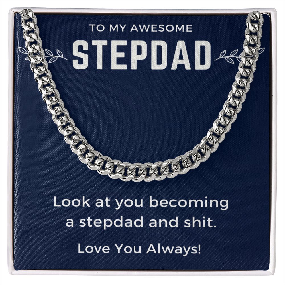 Step Dad Necklace, To My Stepdad Gifts For Awesome Stepped Up Dad,Christmas Birthday Wedding Valentines Fathers Day Gift From Bonus Daughter Son,Jewelry Pendant Box and Message Card, Cuban Link Chain