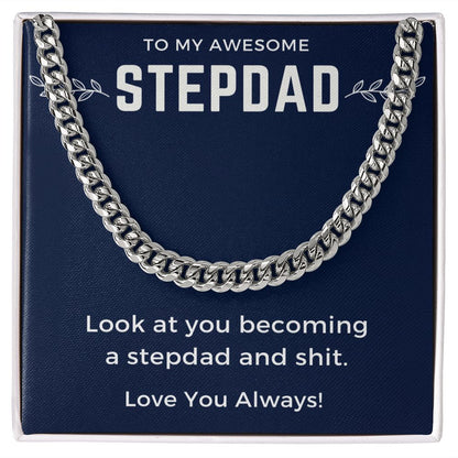 Step Dad Necklace, To My Stepdad Gifts For Awesome Stepped Up Dad,Christmas Birthday Wedding Valentines Fathers Day Gift From Bonus Daughter Son,Jewelry Pendant Box and Message Card, Cuban Link Chain