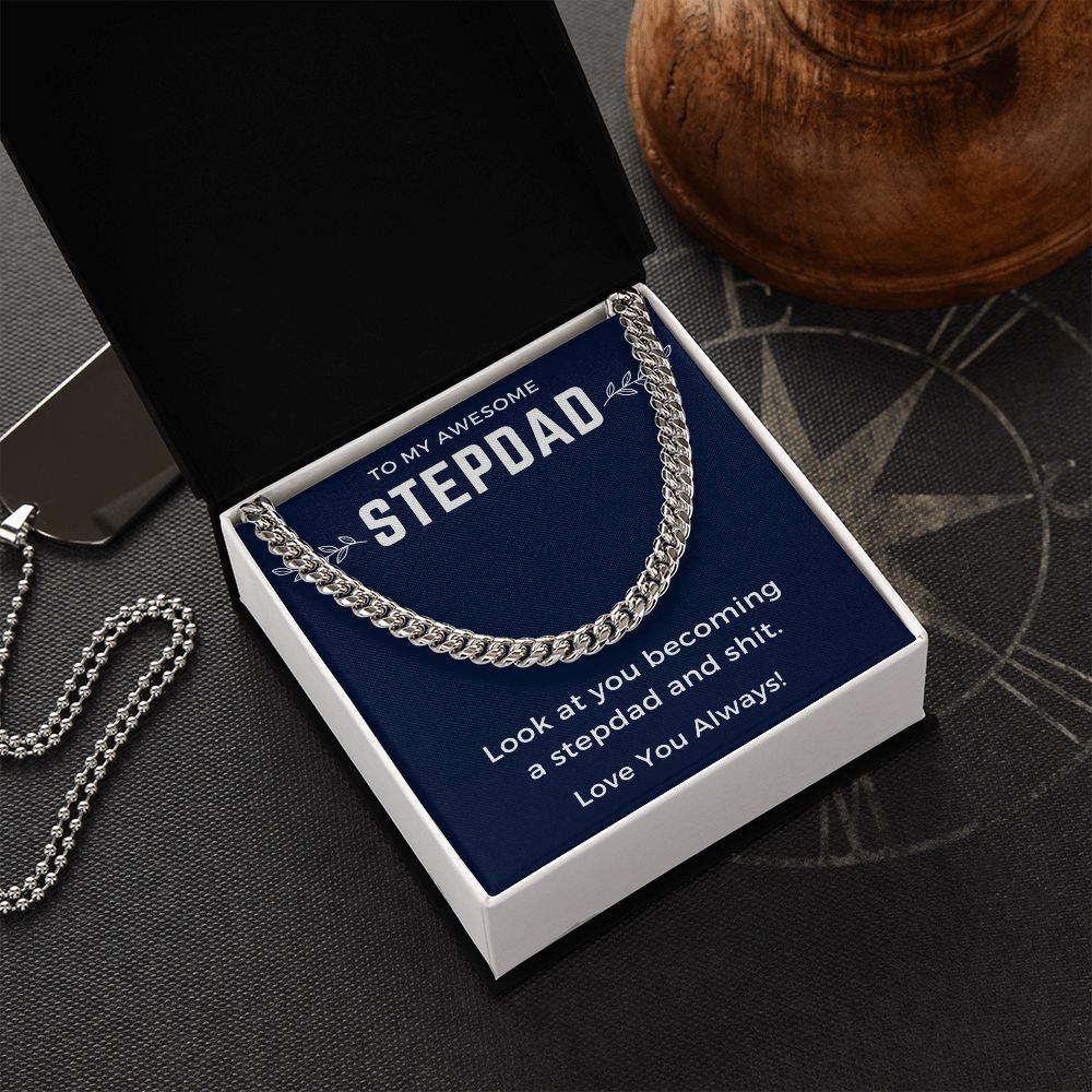 Step Dad Necklace, To My Stepdad Gifts For Awesome Stepped Up Dad,Christmas Birthday Wedding Valentines Fathers Day Gift From Bonus Daughter Son,Jewelry Pendant Box and Message Card, Cuban Link Chain