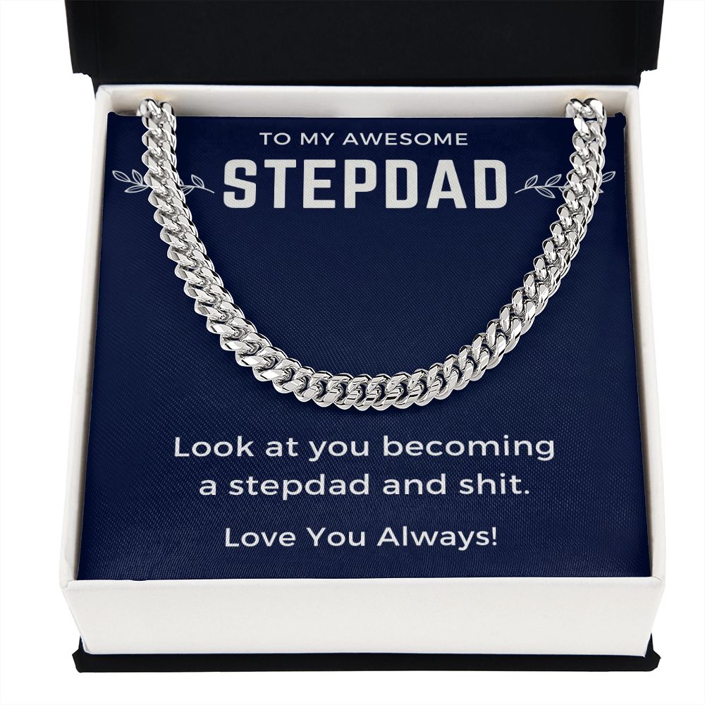 Step Dad Necklace, To My Stepdad Gifts For Awesome Stepped Up Dad,Christmas Birthday Wedding Valentines Fathers Day Gift From Bonus Daughter Son,Jewelry Pendant Box and Message Card, Cuban Link Chain