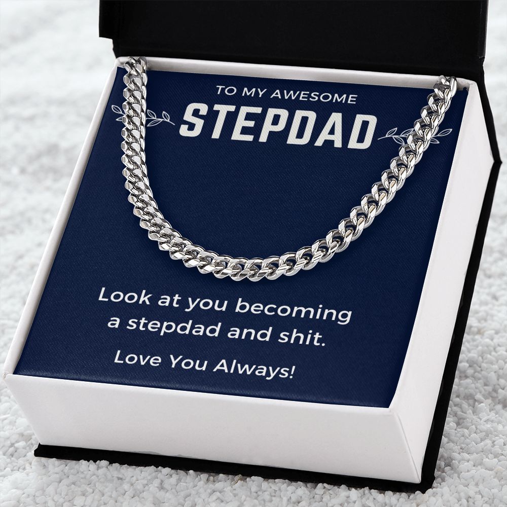 Step Dad Necklace, To My Stepdad Gifts For Awesome Stepped Up Dad,Christmas Birthday Wedding Valentines Fathers Day Gift From Bonus Daughter Son,Jewelry Pendant Box and Message Card, Cuban Link Chain