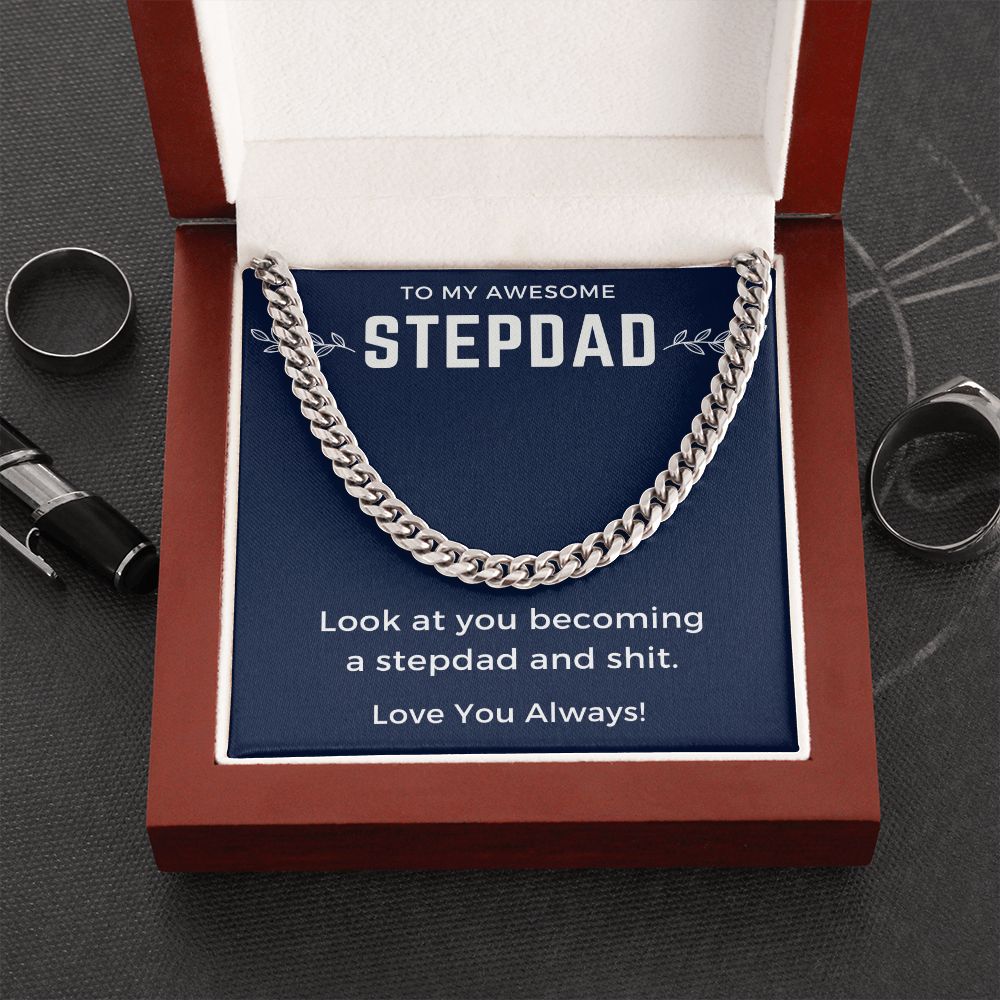 Step Dad Necklace, To My Stepdad Gifts For Awesome Stepped Up Dad,Christmas Birthday Wedding Valentines Fathers Day Gift From Bonus Daughter Son,Jewelry Pendant Box and Message Card, Cuban Link Chain