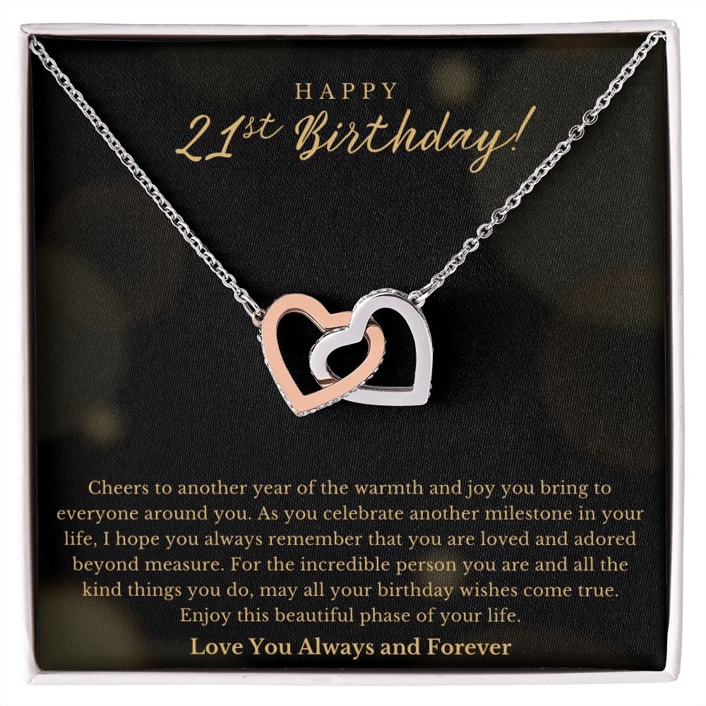 Happy 21st Birthday Cheers Interlocking Hearts Necklace