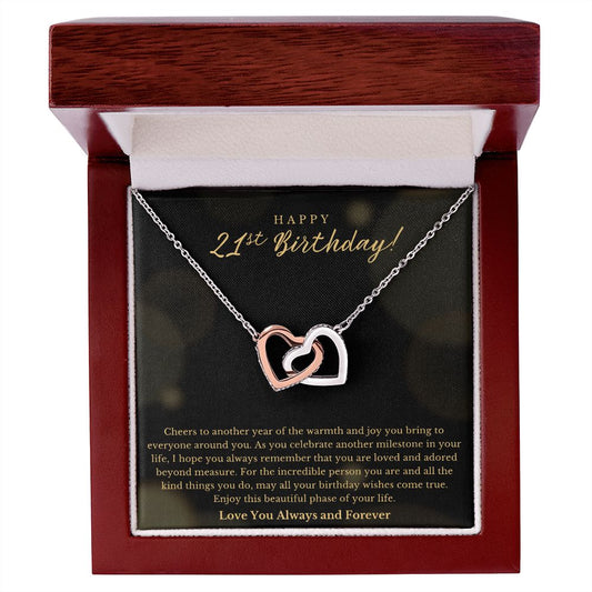 Happy 21st Birthday Cheers Interlocking Hearts Necklace