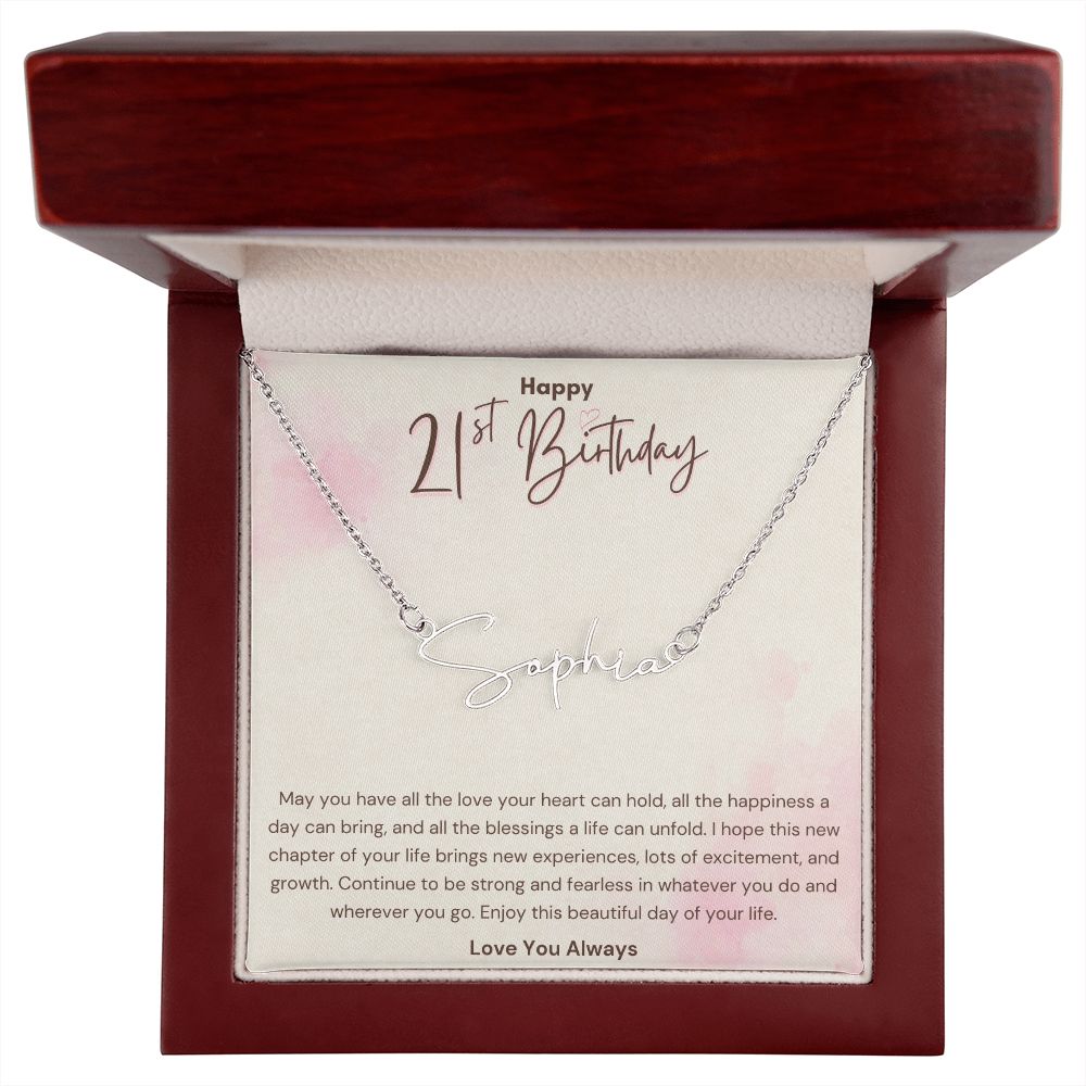 Happy 21st Birthday Blessings Signature Name Necklace